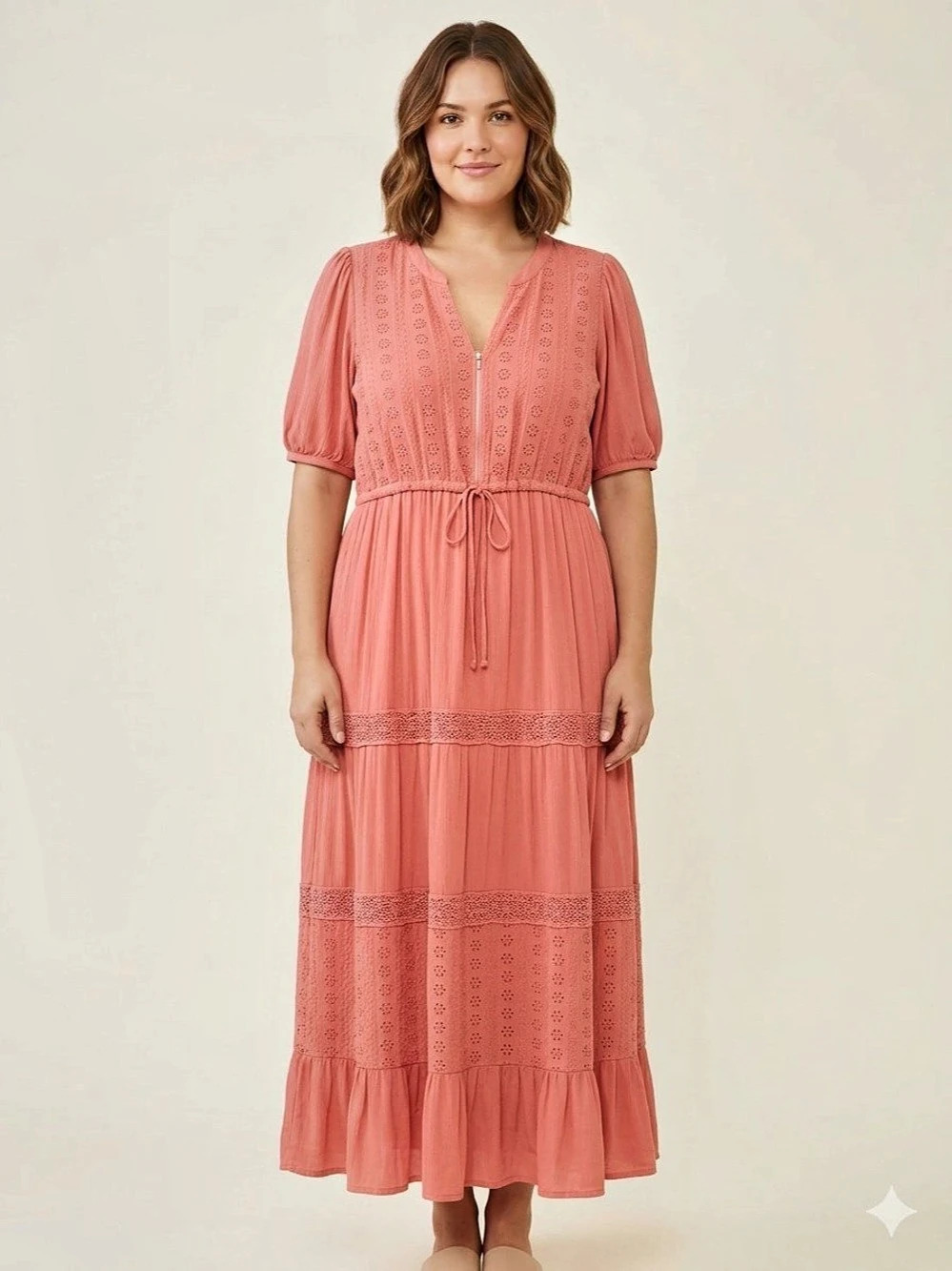 Nurture by Westbound Coral Eyelet Maxi Dress L/XL Boho Tiered | Nursing Friendly